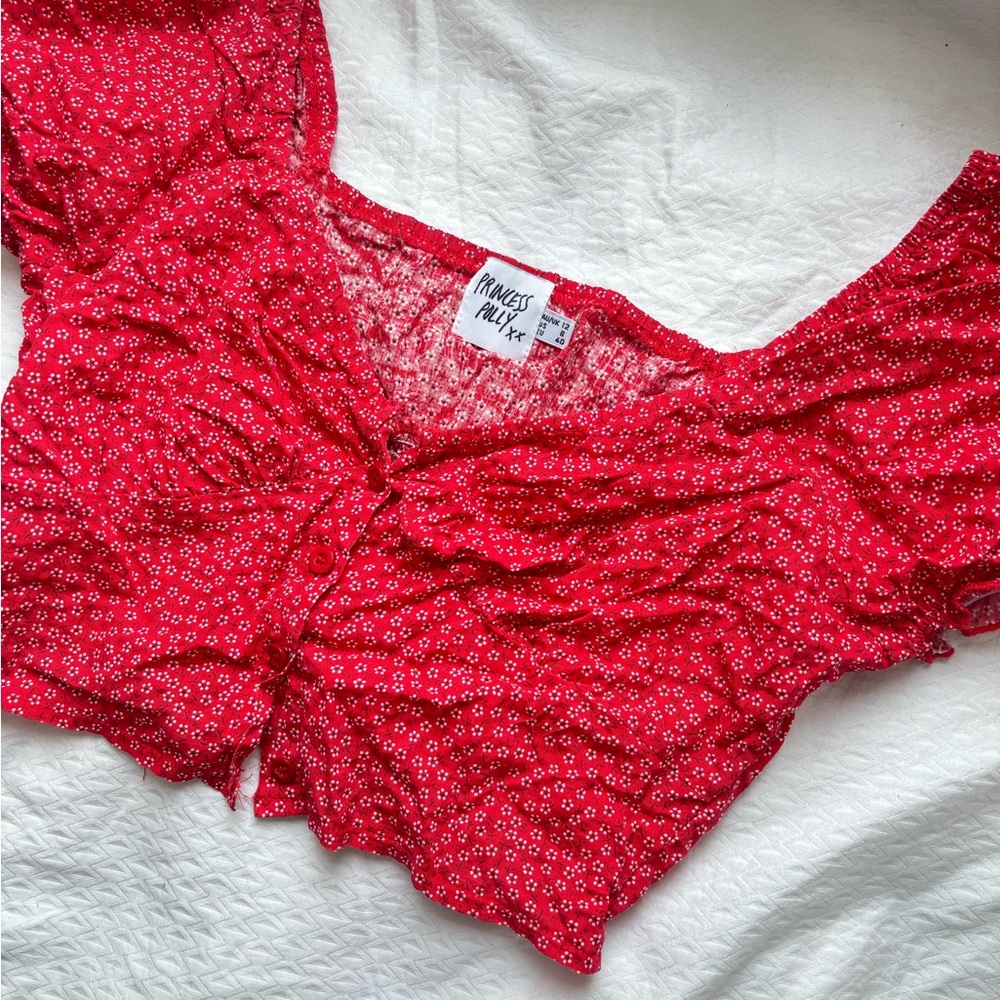 Red Floral Off-Shoulder Crop Top - Picture 4 of 6